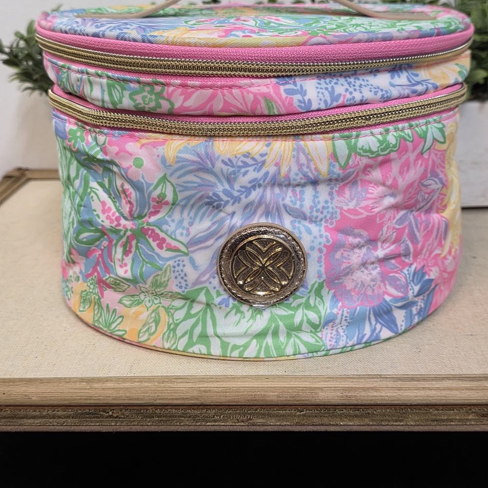 Lilly Pulitzer Pink Green Blue Floral Cosmetic Pouch with Gold Handle
